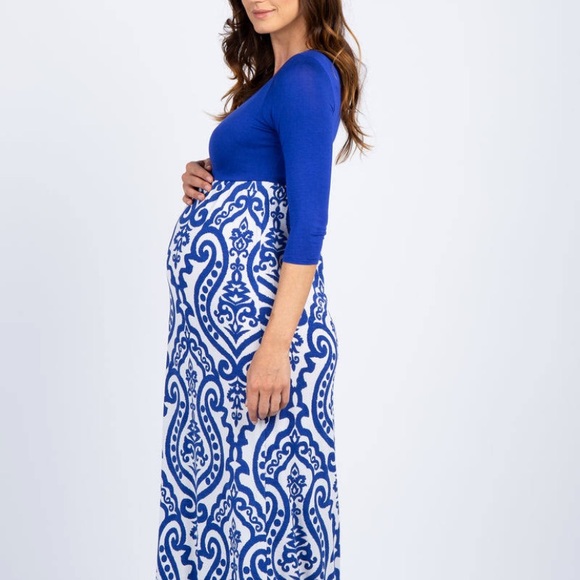 PinkBlush Royal Blue Damask Maternity Maxi Dress - Picture 1 of 6